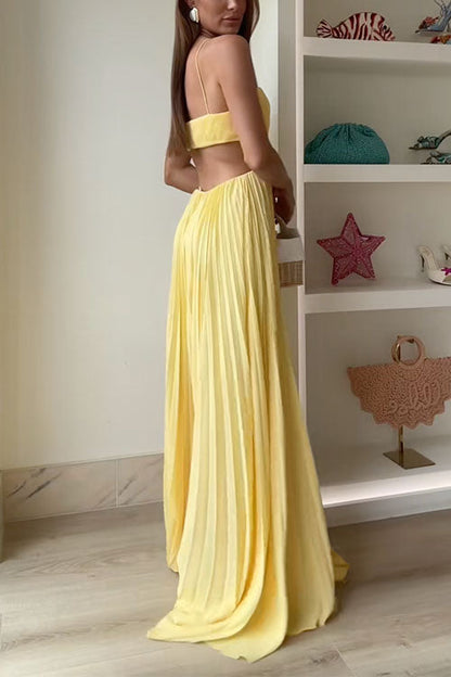 Moxidress Spaghetti Strap Back Cut Out Pleated Maxi Dress