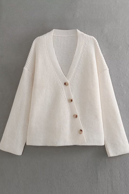 V Neck Button Up Loose Sweater
