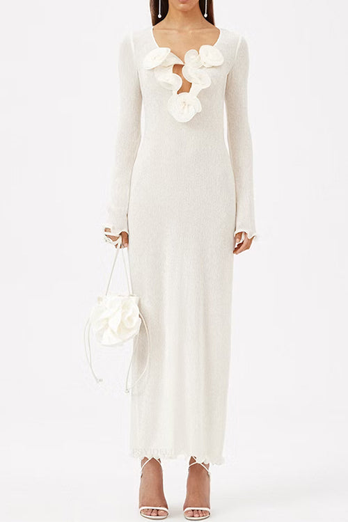 Long Sleeves Back Slit Shirred Maxi Dress