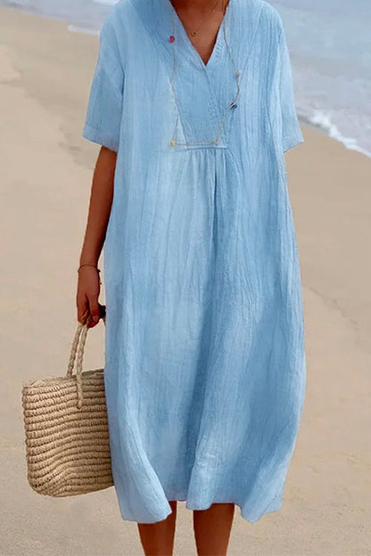 V Neck Short Sleeve Baggy Cotton Linen Midi Dress
