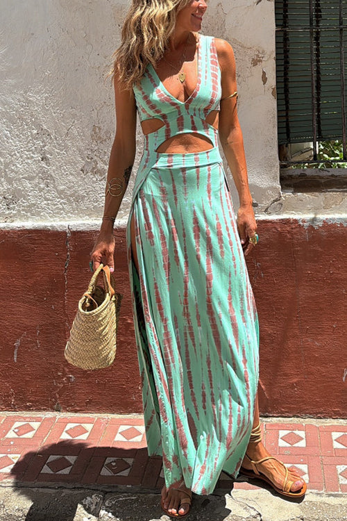 V Neck Sleeveless Cut Out Waist Side Slit Tie Dye Maxi Dress