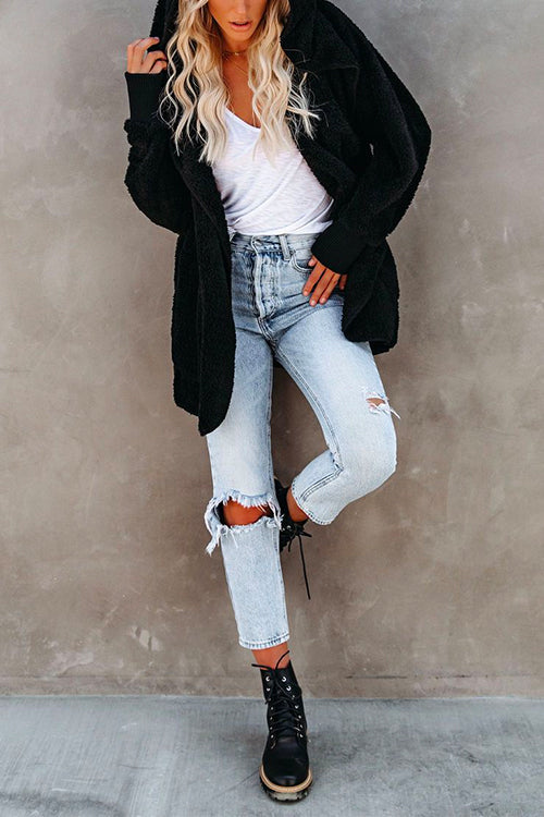Open Front Hoodied Fuzzy Outwear With Pockets