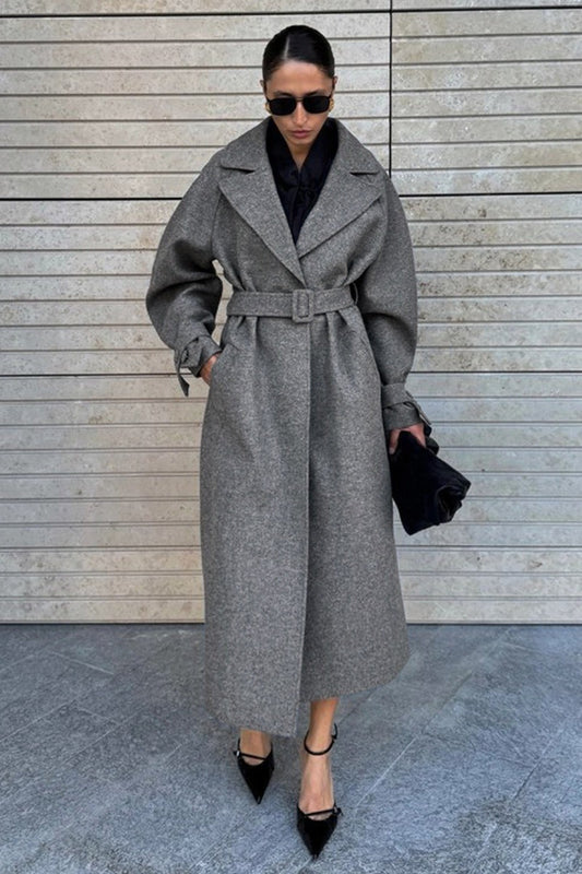 Longline Wool Blend Tie Waist Loose Overcoat