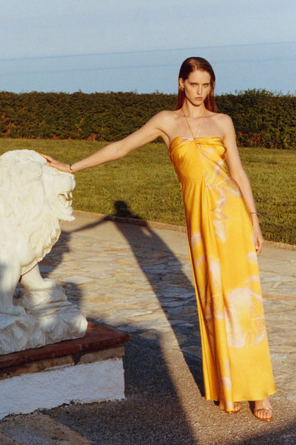 Sarah Printed Halter Satin Maxi Dress