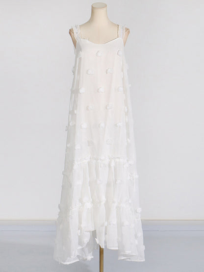 A-line High Waisted Layered Pleated Split-joint Three-dimensional Flower Spaghetti-neck Maxi Dresses
