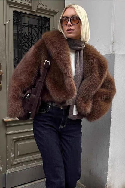 Retro Color Plush Warm Short Notch Collar Coat