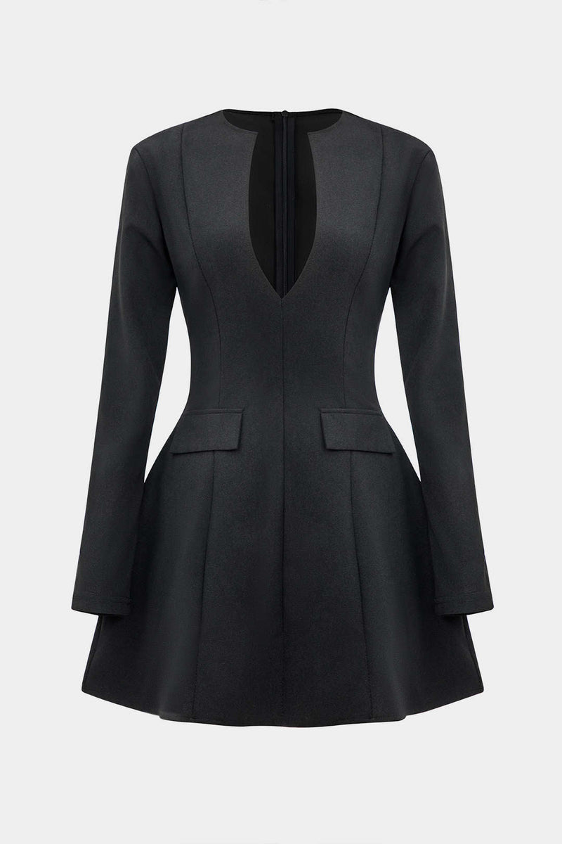 V-neck Fake Pockets and Zipper Mini Dress