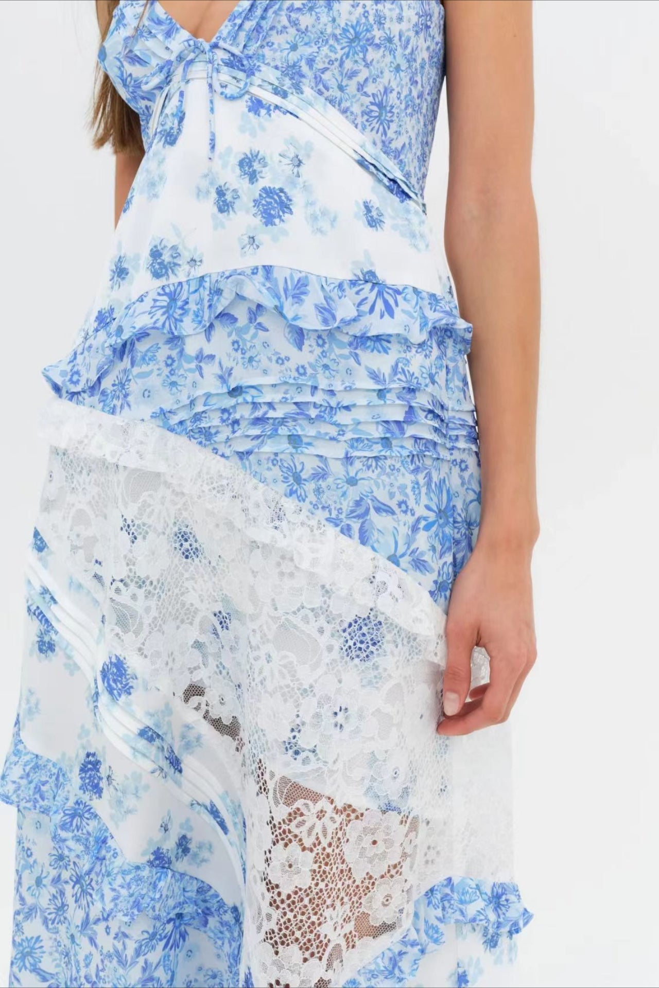 Deep V Ruffle Lace Patchwork Cami Maxi Dress