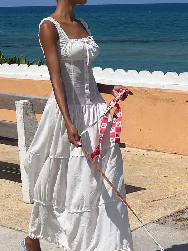 White French Pleated Layered Slim Midi Dress With Lace Up