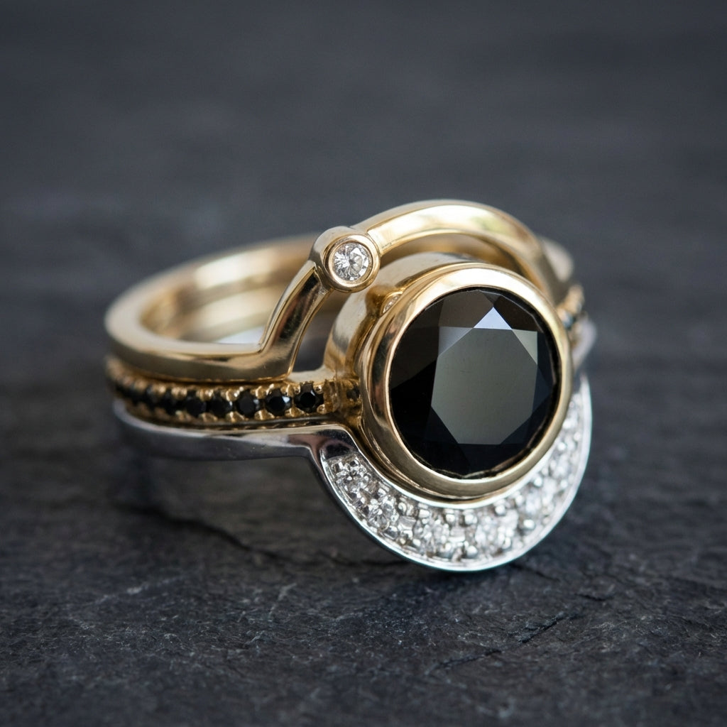 Vintage Black Glass & Zirconia Gold Ring