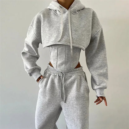 Lace Up Pants Sets Slim Splice Tank Tops Woman Long Sleeve Short Hoodies and Pant Suits Outfits Winter