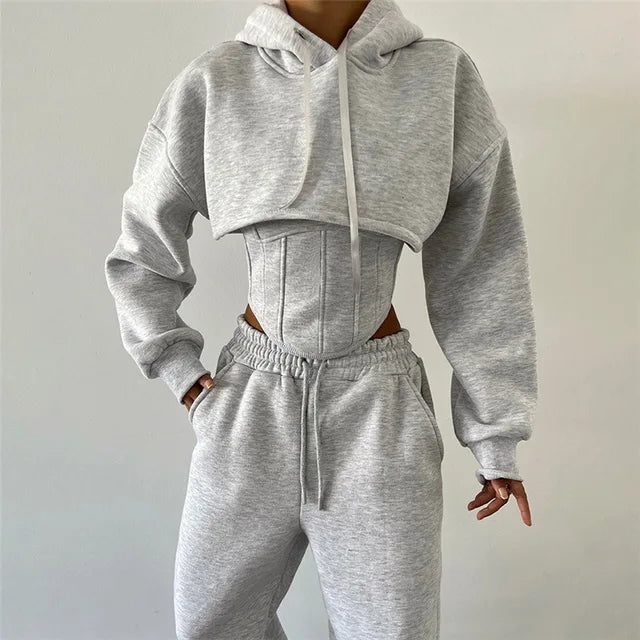 Lace Up Pants Sets Slim Splice Tank Tops Woman Long Sleeve Short Hoodies and Pant Suits Outfits Winter