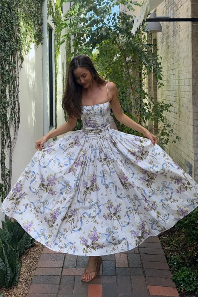 Rayon Printed Strap Pleated Maxi Dress