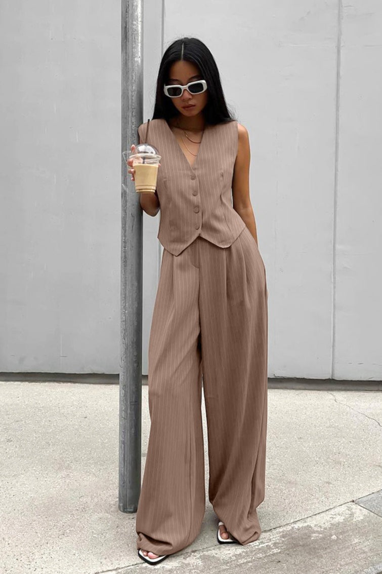 Brown Striped Two Piece Vest Pants Set