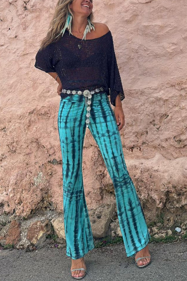 Fashionable Tie Dye Printed Pleated Lace Up Waist Elastic Street Bell Bottom Pants