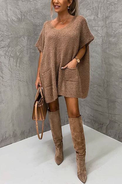 Oversized V Neck Short Sleeves Pocketed Poncho Sweater