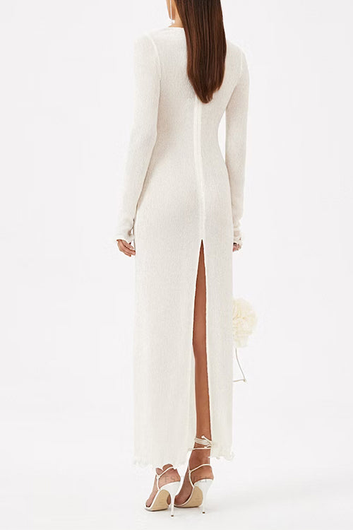 Long Sleeves Back Slit Shirred Maxi Dress