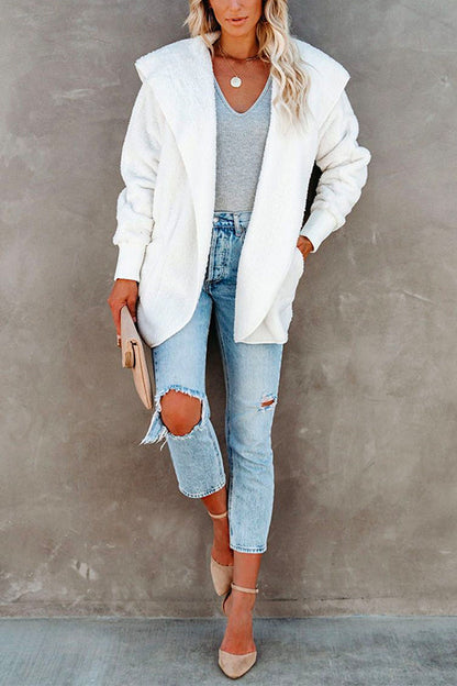Open Front Hoodied Fuzzy Outwear With Pockets