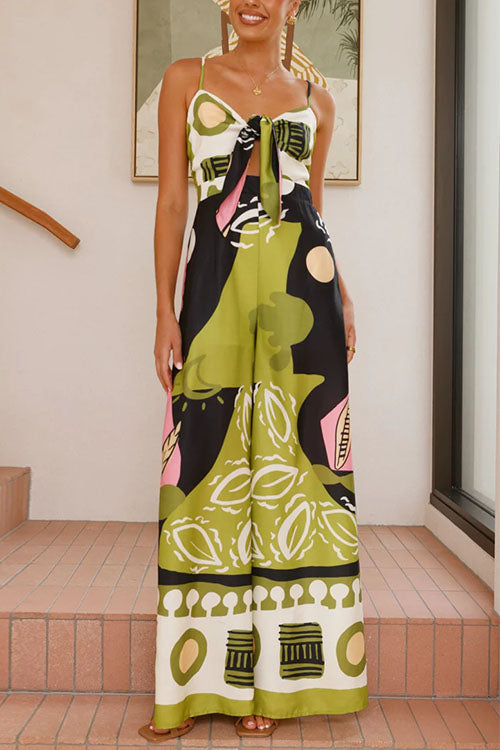Tie Front Cut Out Wide Leg Printed Cami Jumpsuit