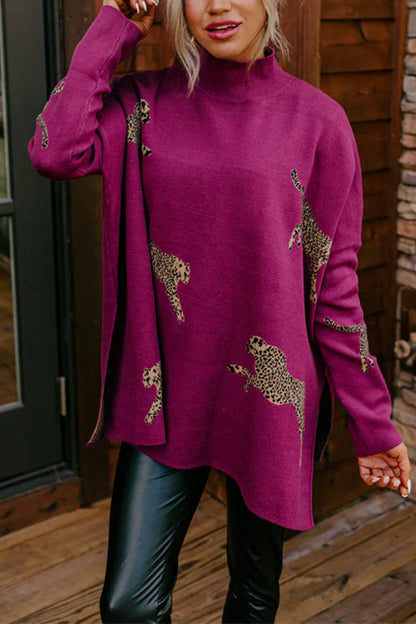 High Neck Side Slit Cheetah Pattern Sweater