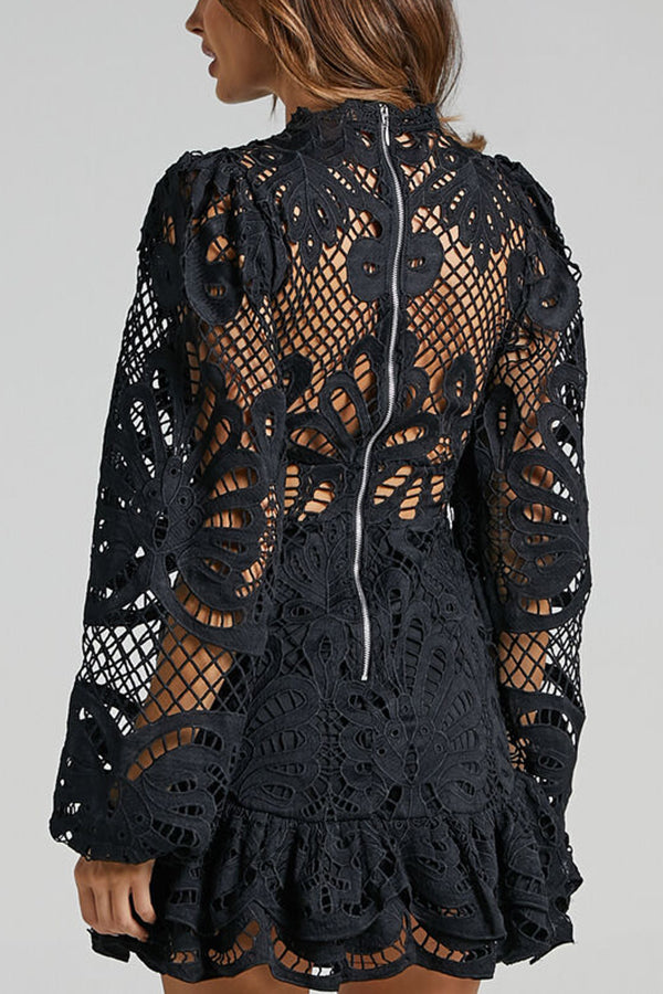 Color Hollow Long-sleeved Waisted Lace Mini Dress