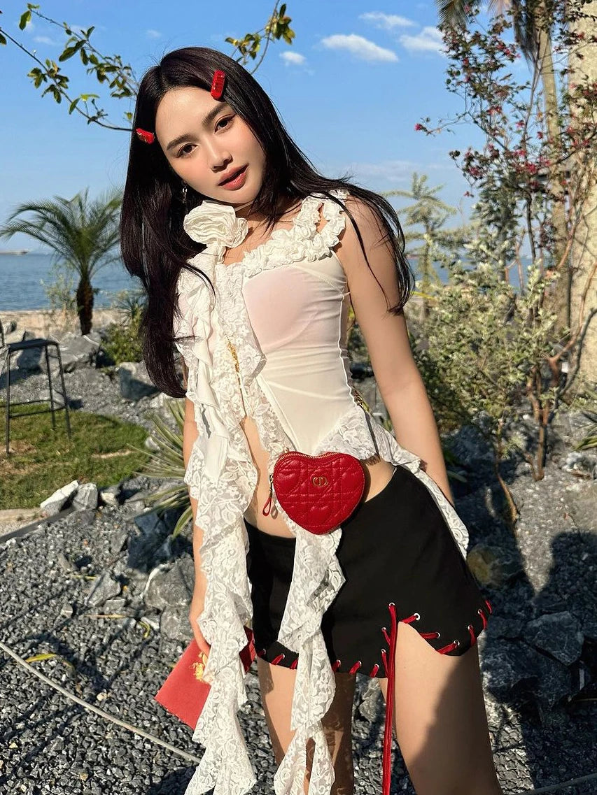 Hollow Out Lace Crop Top Off Shoulder Bodycon Bandage Slim Tank Tops Folds Lace-up T-shirts Femme