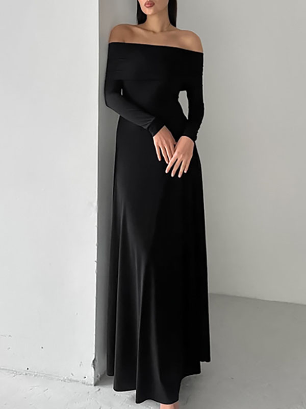 High Waisted Long Sleeves Color Off-the-shoulder Maxi Dresses