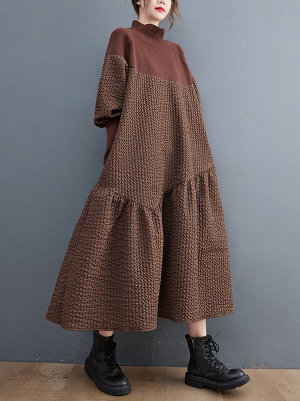 Long Sleeves Loose Split-joint Jacquard High-neck Sweater Dresses