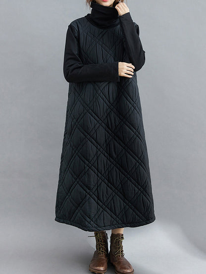 Simple Split-joint High-neck H-line Quilted Midi Dress