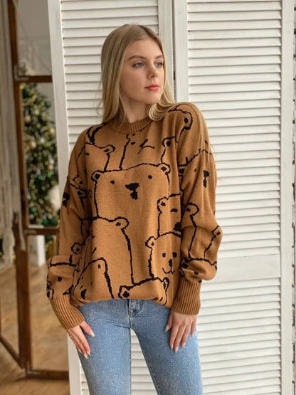 Smiley Polar Bear Knit Sweater Dress - Brown
