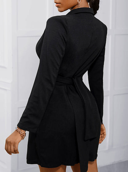Long Sleeves Split-joint Lapel Mini Dresses