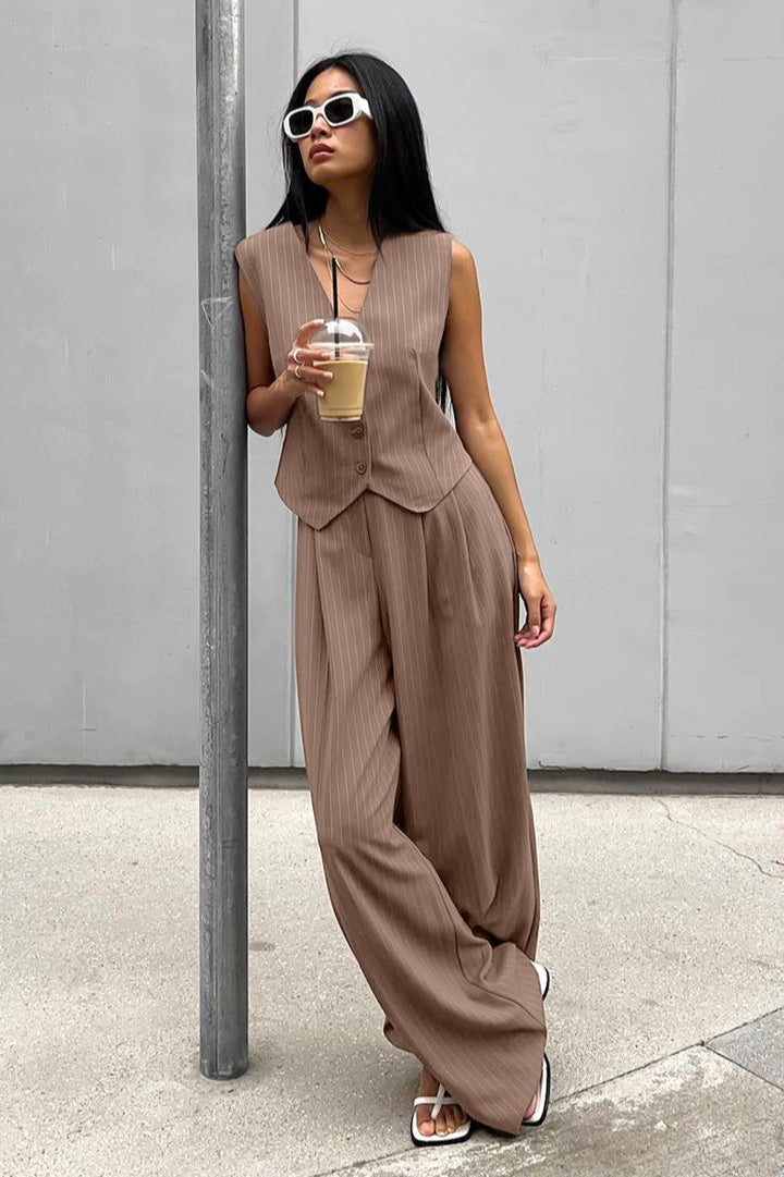 Brown Striped Two Piece Vest Pants Set