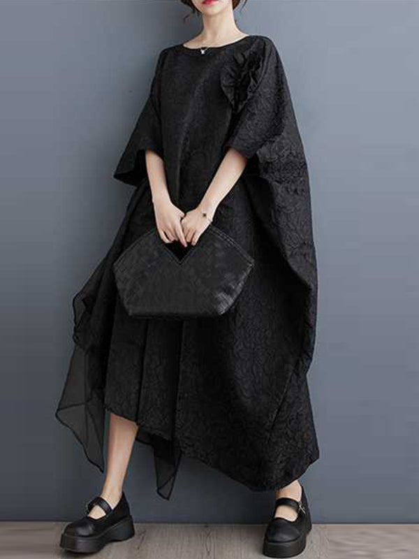 Batwing Sleeves Loose Asymmetric Flower Shape Gauze Jacquard Pleated Color Split-joint Round-neck Midi Dresses