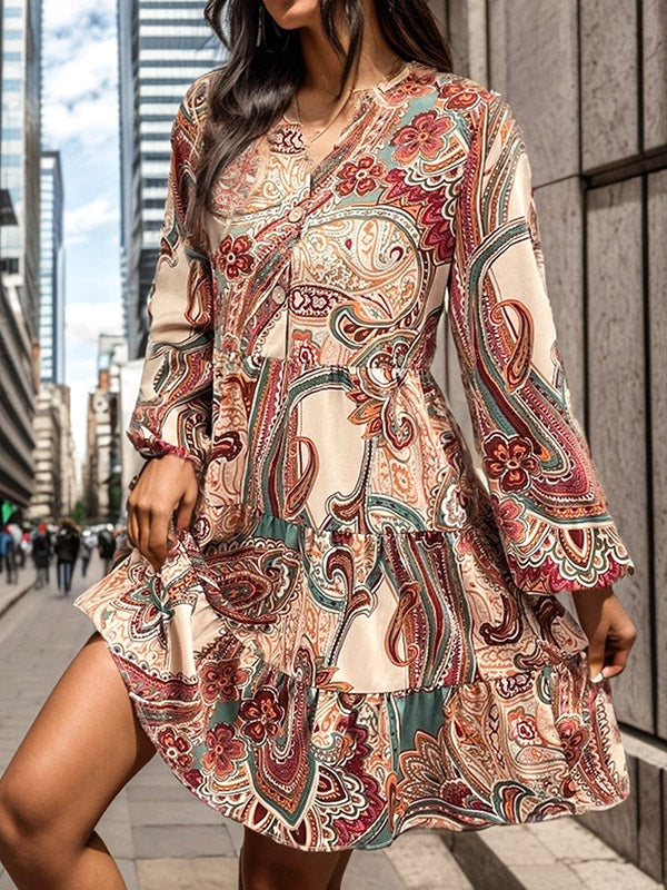 Long Sleeves Loose Buttoned Flower Print Split-joint V-neck Mini Dresses