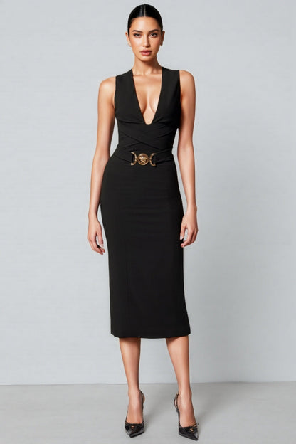 Noric Black V-neck Bandage Midi Dress