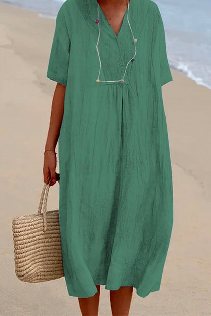 V Neck Short Sleeve Baggy Cotton Linen Midi Dress