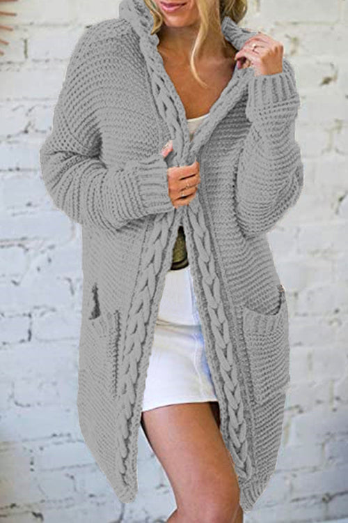 Open Front Ribbed Knitting Hoodied Sweater Outwear