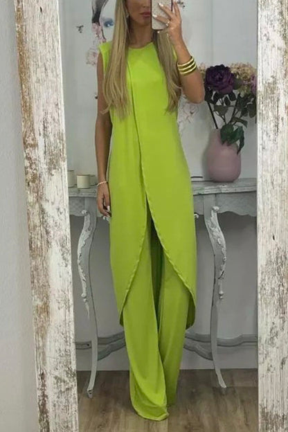 Tulip Hem Sleeveless Long Top Wide Leg Pants Set