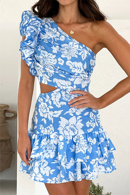 Moxidress One Shoulder Cut Out Print Ruffle Mini Dress