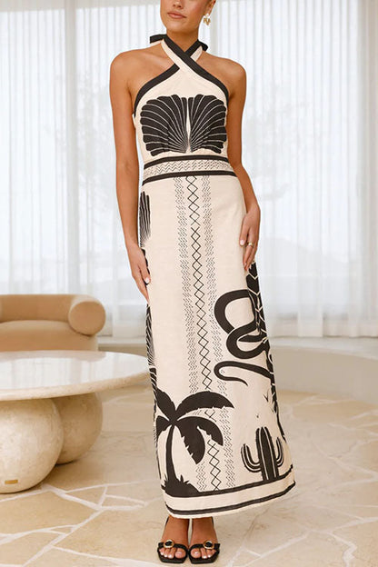 Moxidress Palm Canyon Print Criss Cross Halter Maxi Dress
