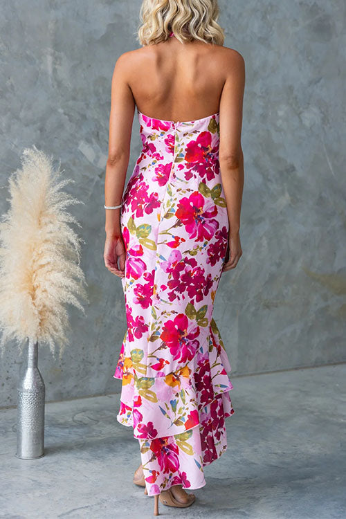 Halter Sleeveless Ruffle Hem Slit Print Maxi Dress