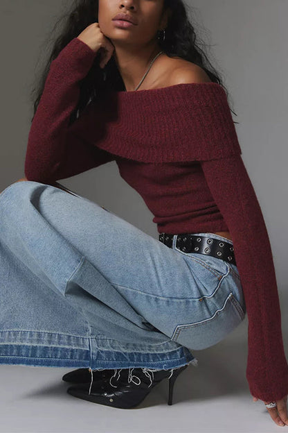 Moxidress Off Shoulder Long Sleeves Slim Fit Sweater