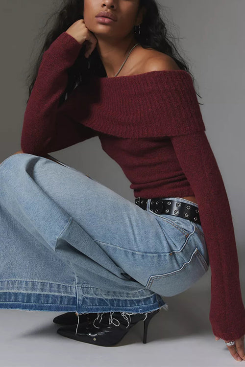 Moxidress Off Shoulder Long Sleeves Slim Fit Sweater