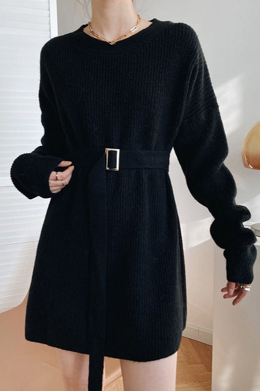 French Style Tie-waist Knit Mini Dress