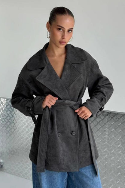 Suede Lapel Tie Waist Jacket Coat