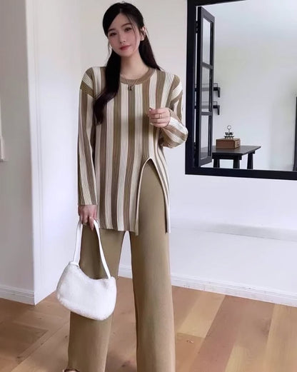 Camel - Striped Split Hem Two Piece Set