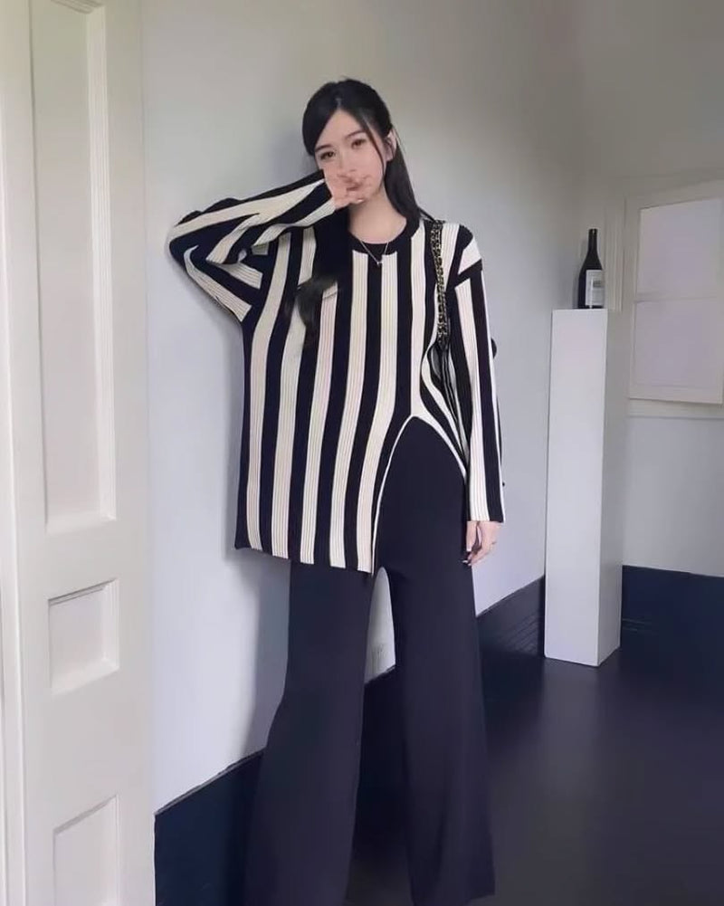 Black - Striped Split Hem Two Piece Set