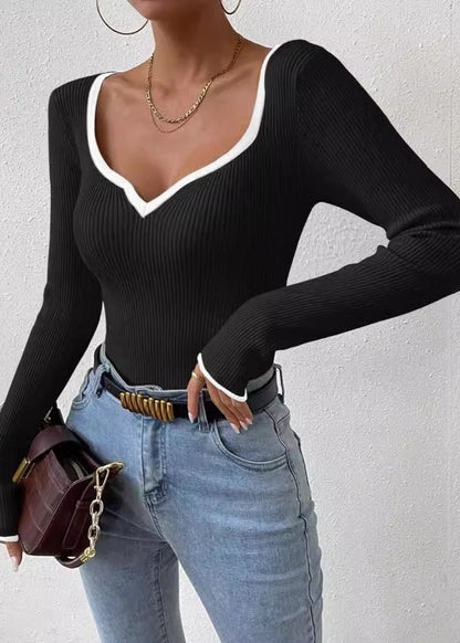 Classic Ribbed Knit V-neck Sweater With Contrast Trim