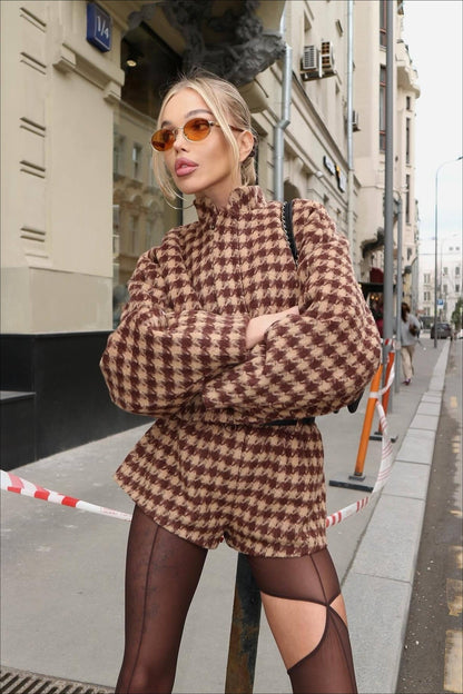 Houndstooth Zip Jacket and Shorts Two Piece Set