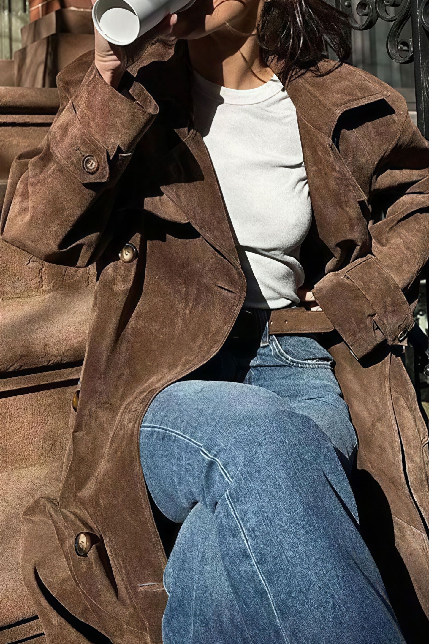 Double Breasted Tie Waist Long Overcoat